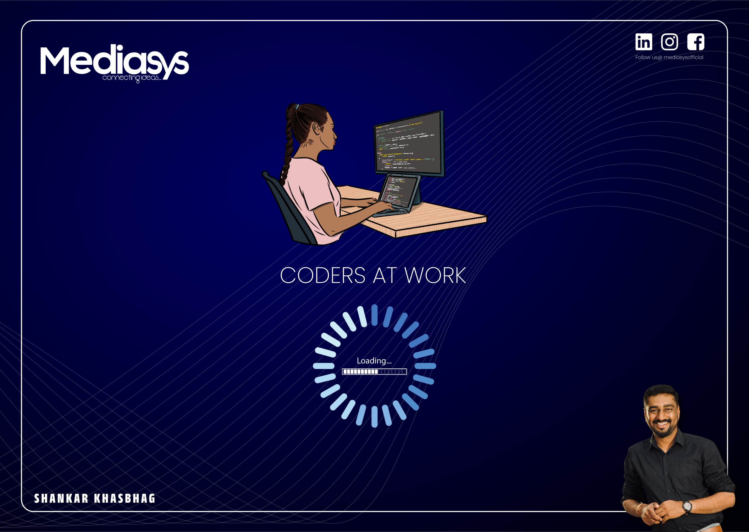 A man sits at a desk with a computer, working on a home page that is under construction.